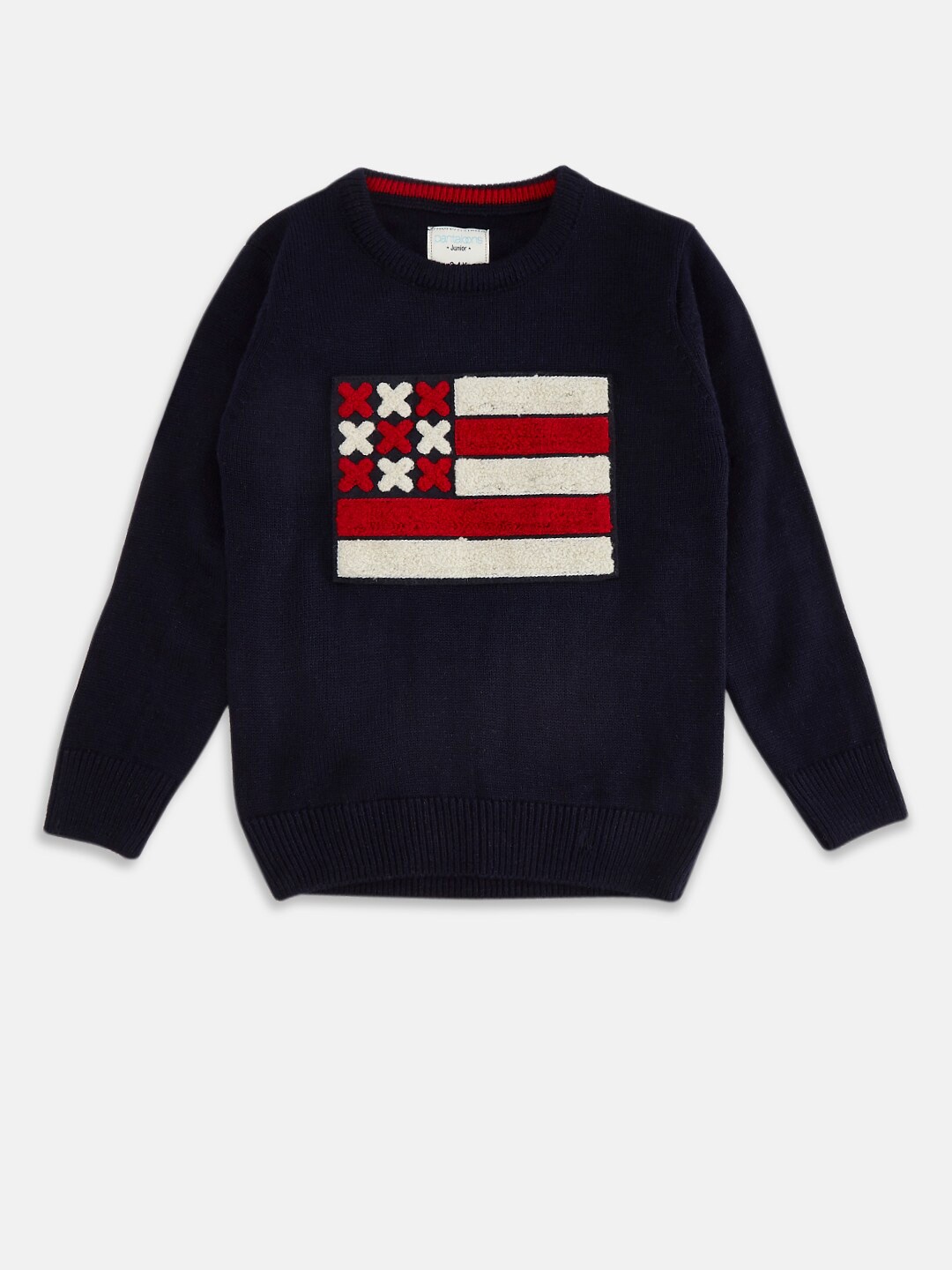 

Pantaloons Junior Boys Navy Blue & Red Printed Acrylic Pullover