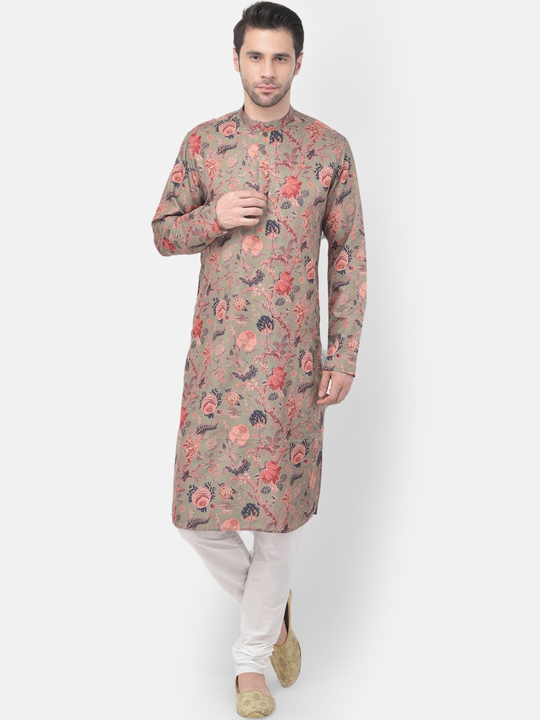 

TABARD Men Olive Green Printed Pure Cotton Angrakha Kurta