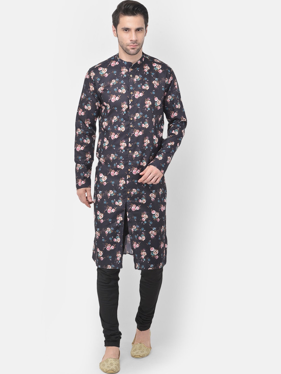 TABARD Men Black Floral Printed Cotton Kurta