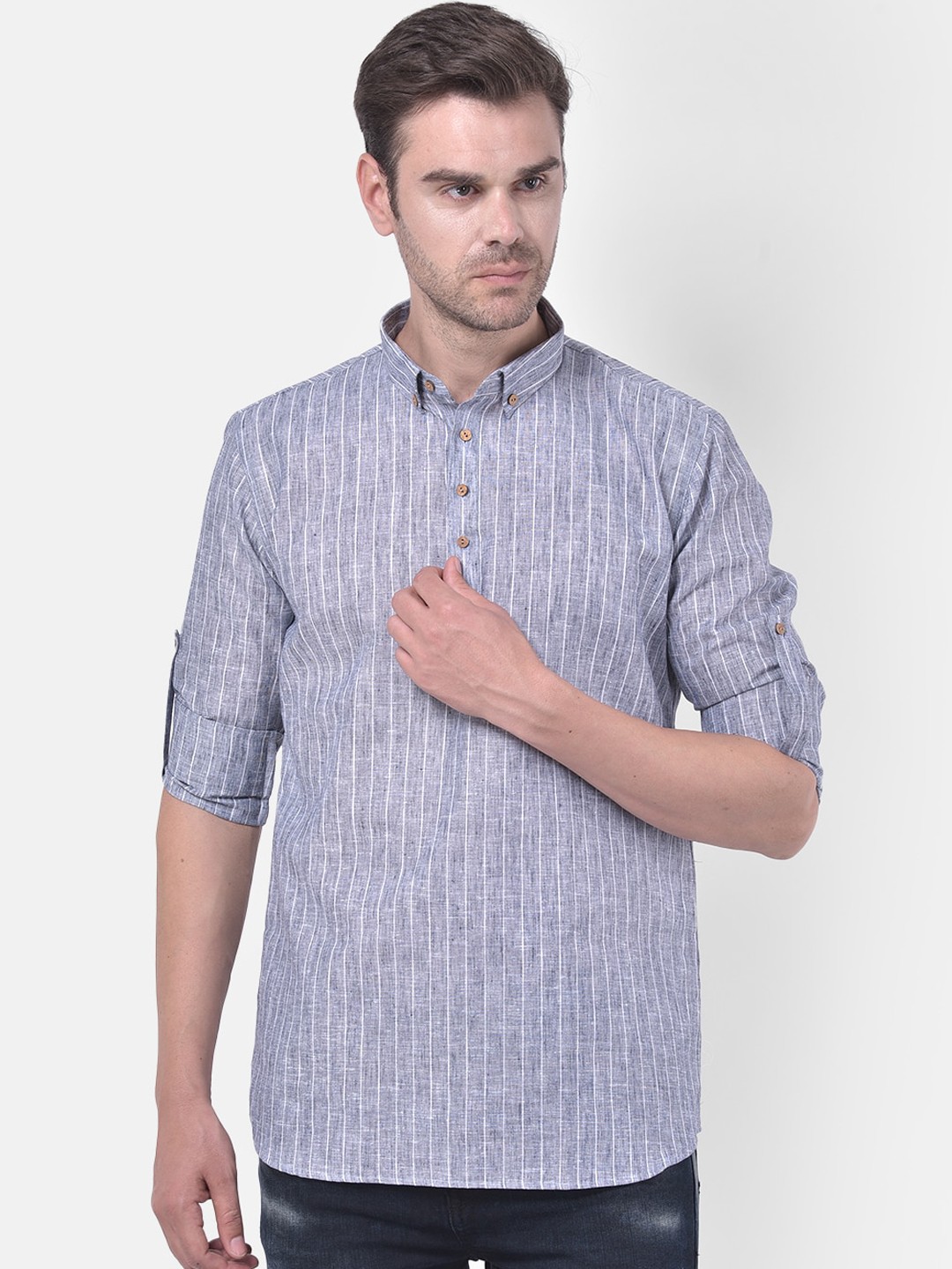 

TABARD Men Striped Cotton Linen Kurta, Grey