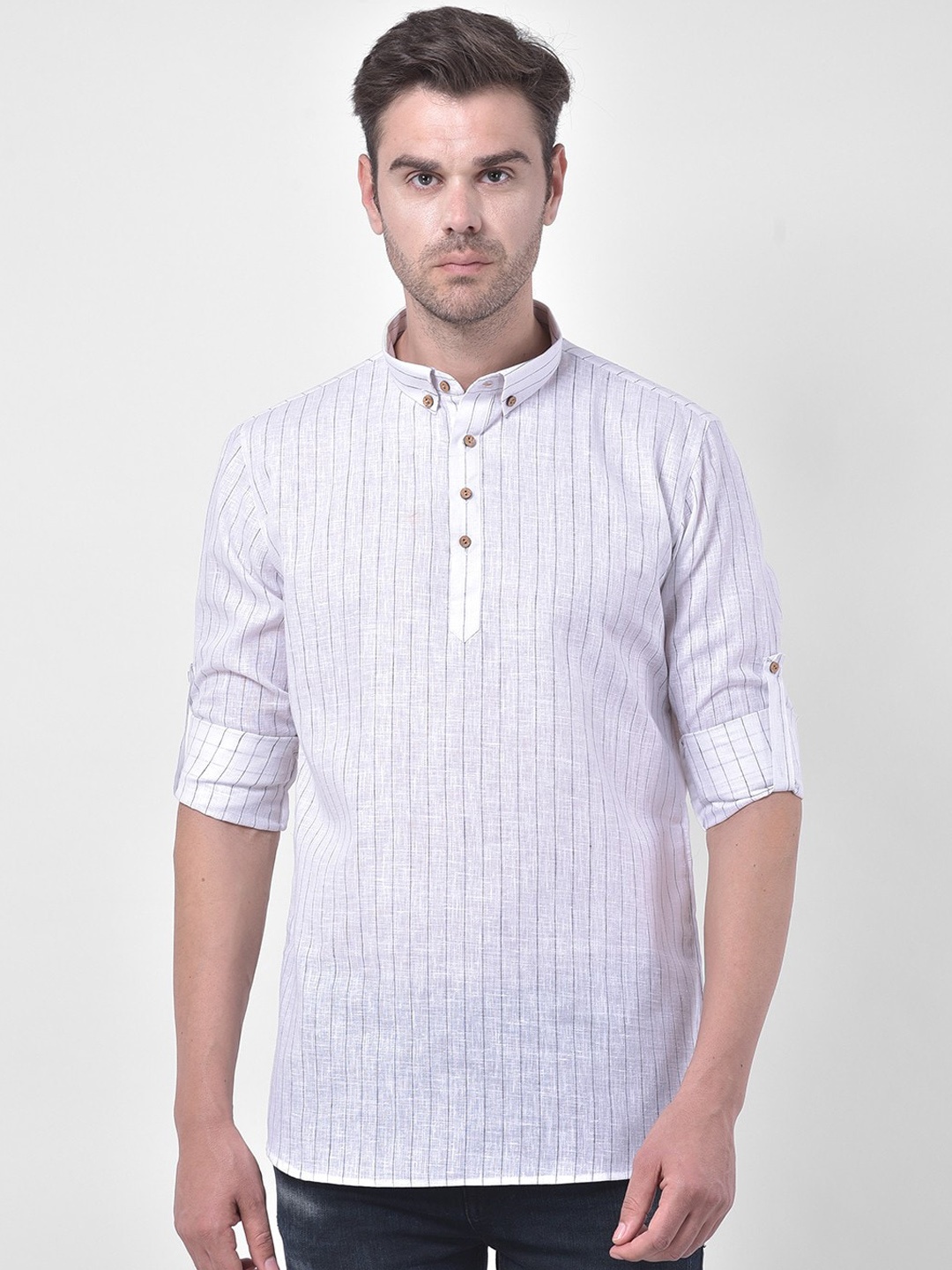 

TABARD Men White Striped Cotton Linen Kurta