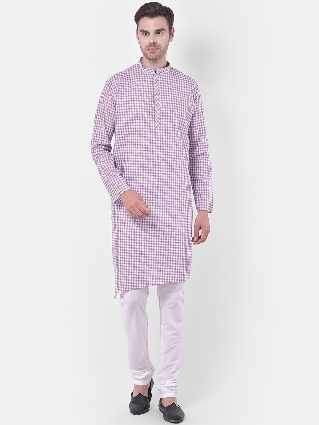 

TABARD Men Purple Checked Mandarin Collar Cotton Linen Kurta