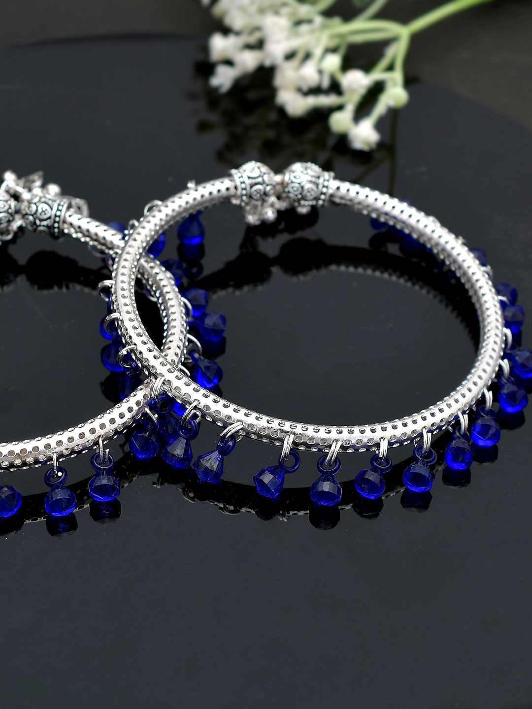 

Silvermerc Designs Silver-Plated & Pink Stones-Studded & Beaded Kada Anklets, Blue