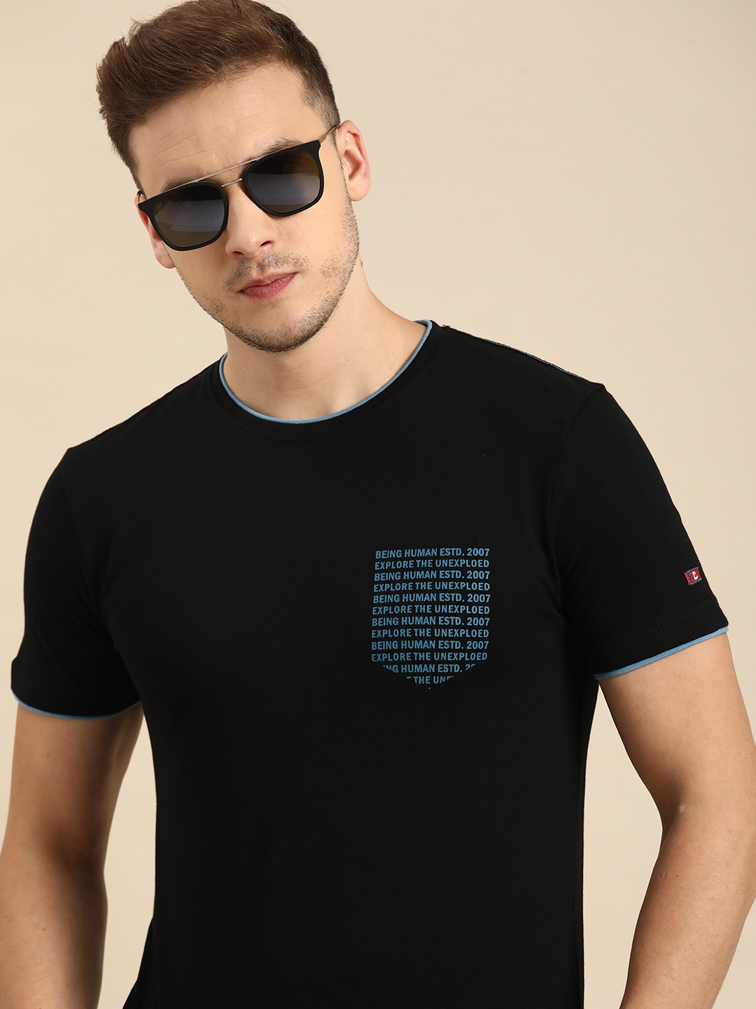 

Being Human Men Black & Blue Typography Printed Round Neck Pure Cotton T-shirt