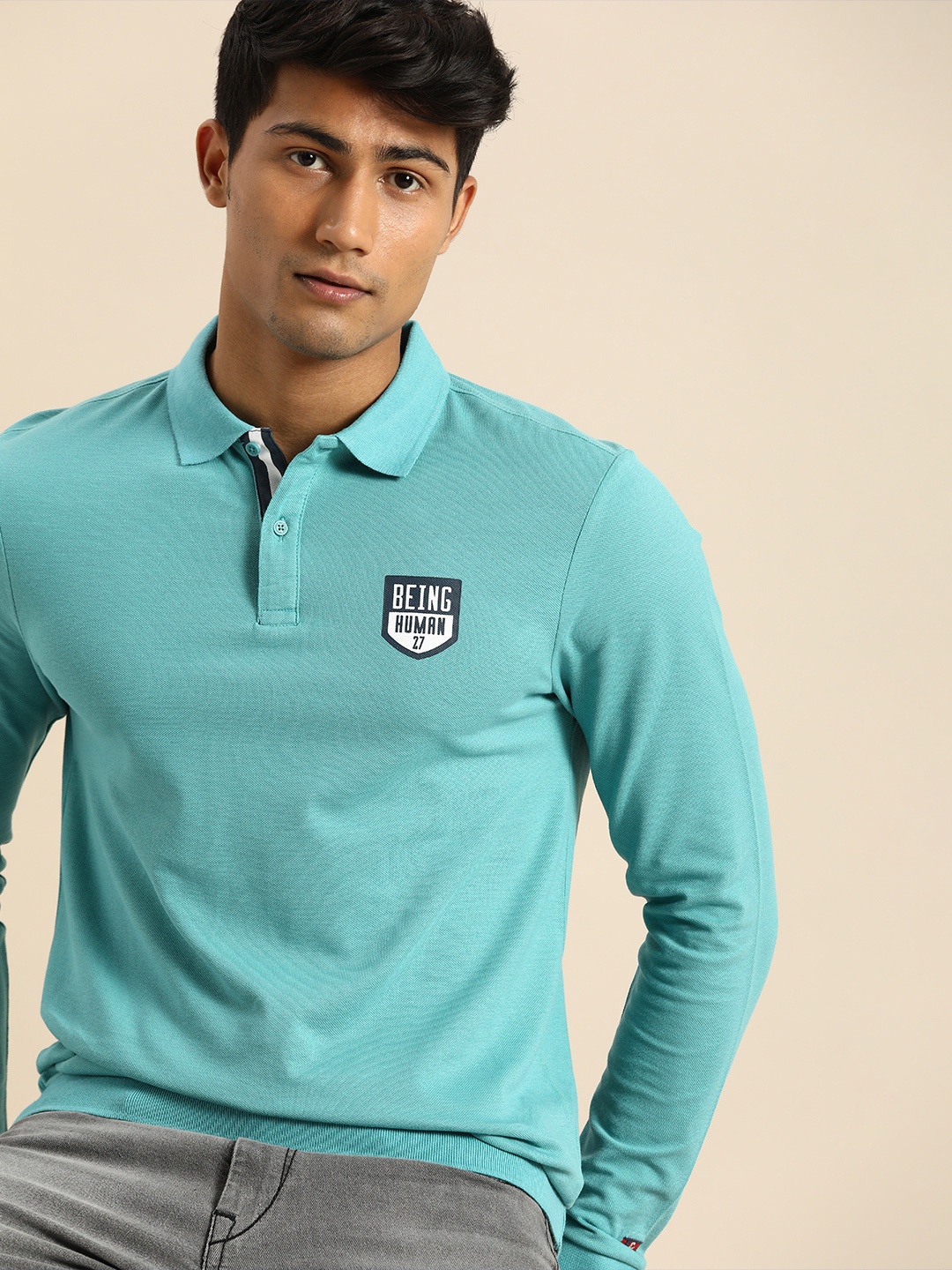 

Being Human Clothing Men Turquoise Blue Solid Polo Collar Pure Cotton T-shirt