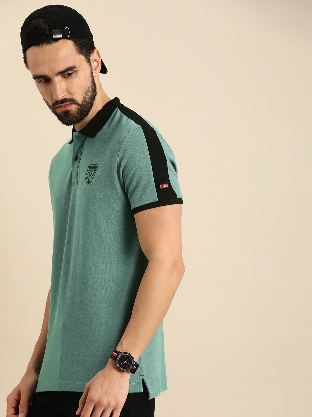 

Being Human Men Green & Black Printed Polo Collar Pure Cotton T-shirt