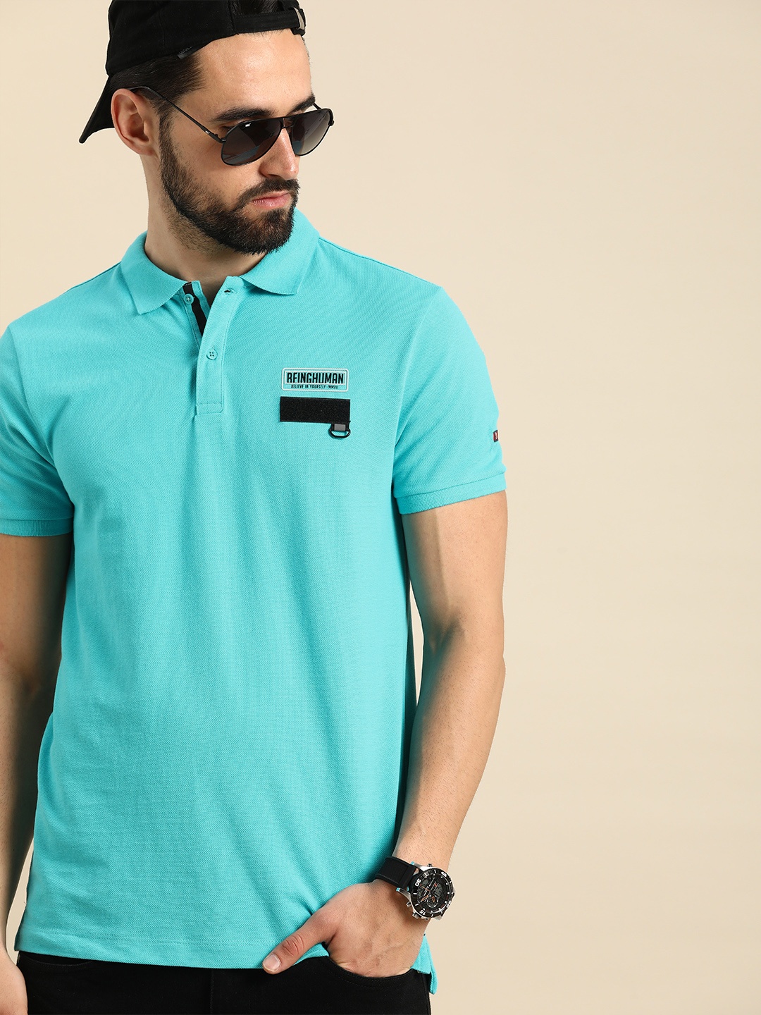 

Being Human Men Turquoise Blue & Black Colourblocked Polo Collar Pure Cotton T-shirt
