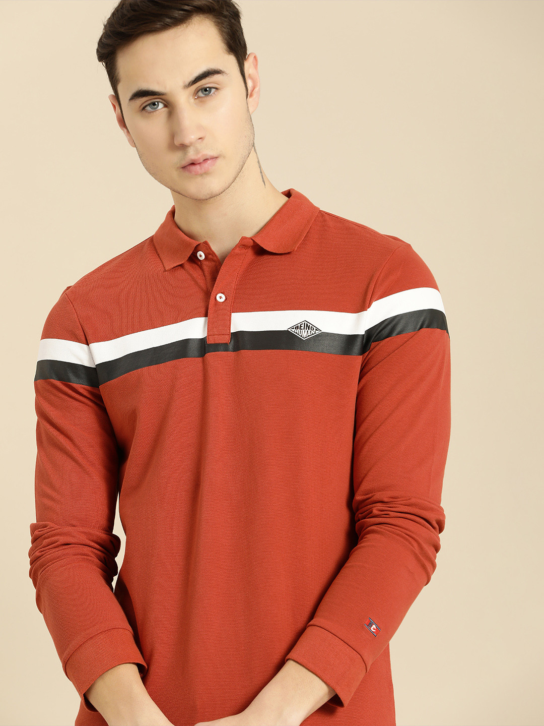 

Being Human Men Rust Orange Striped Pure Cotton Polo Collar T-shirt