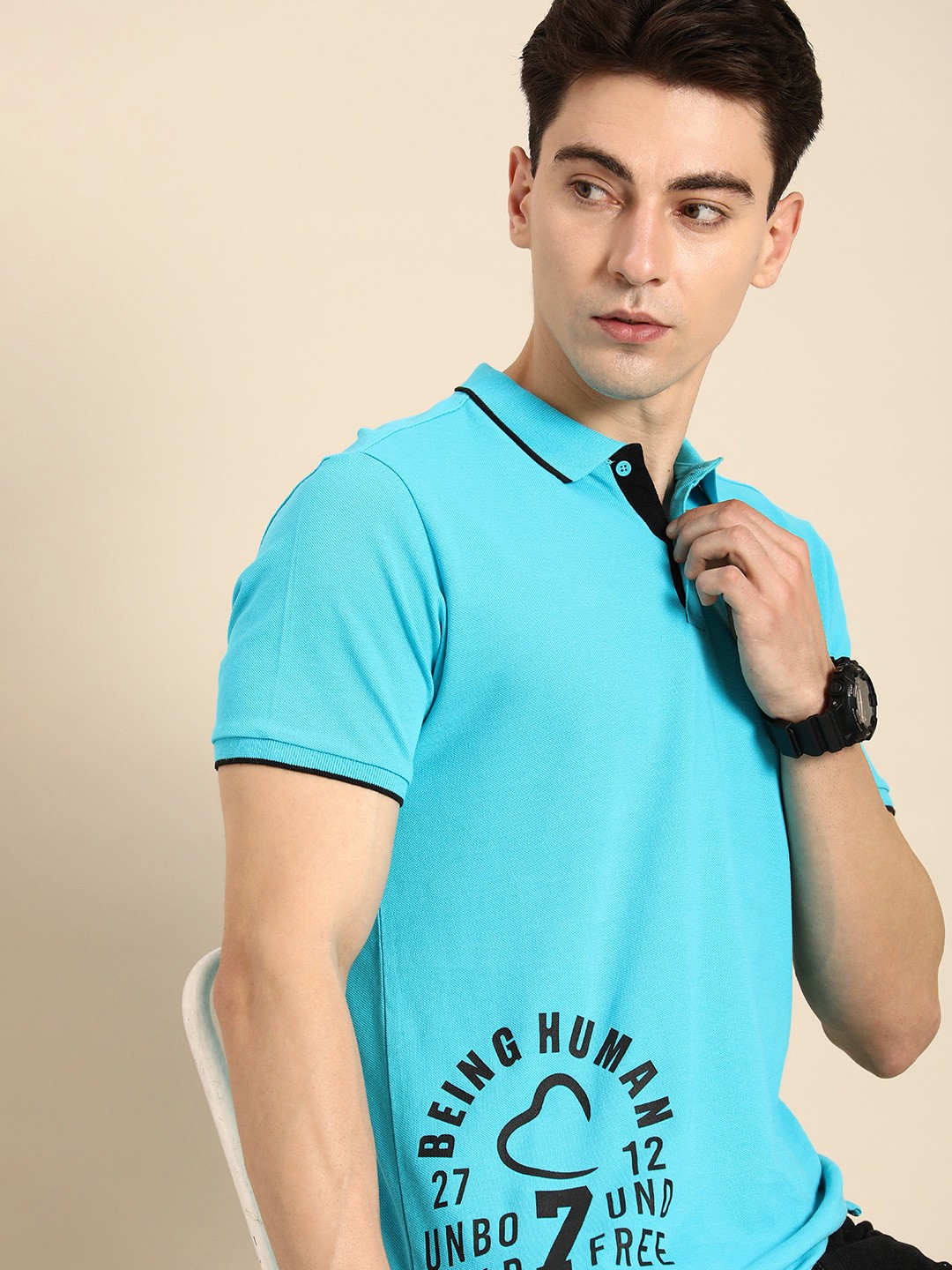 

Being Human Clothing Men Pure Cotton Brand Logo Printed Polo Collar T-shirt, Blue