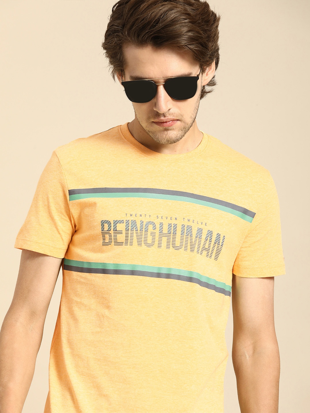 

Being Human Men Yellow & Blue Typography Printed Slim Fit T-shirt
