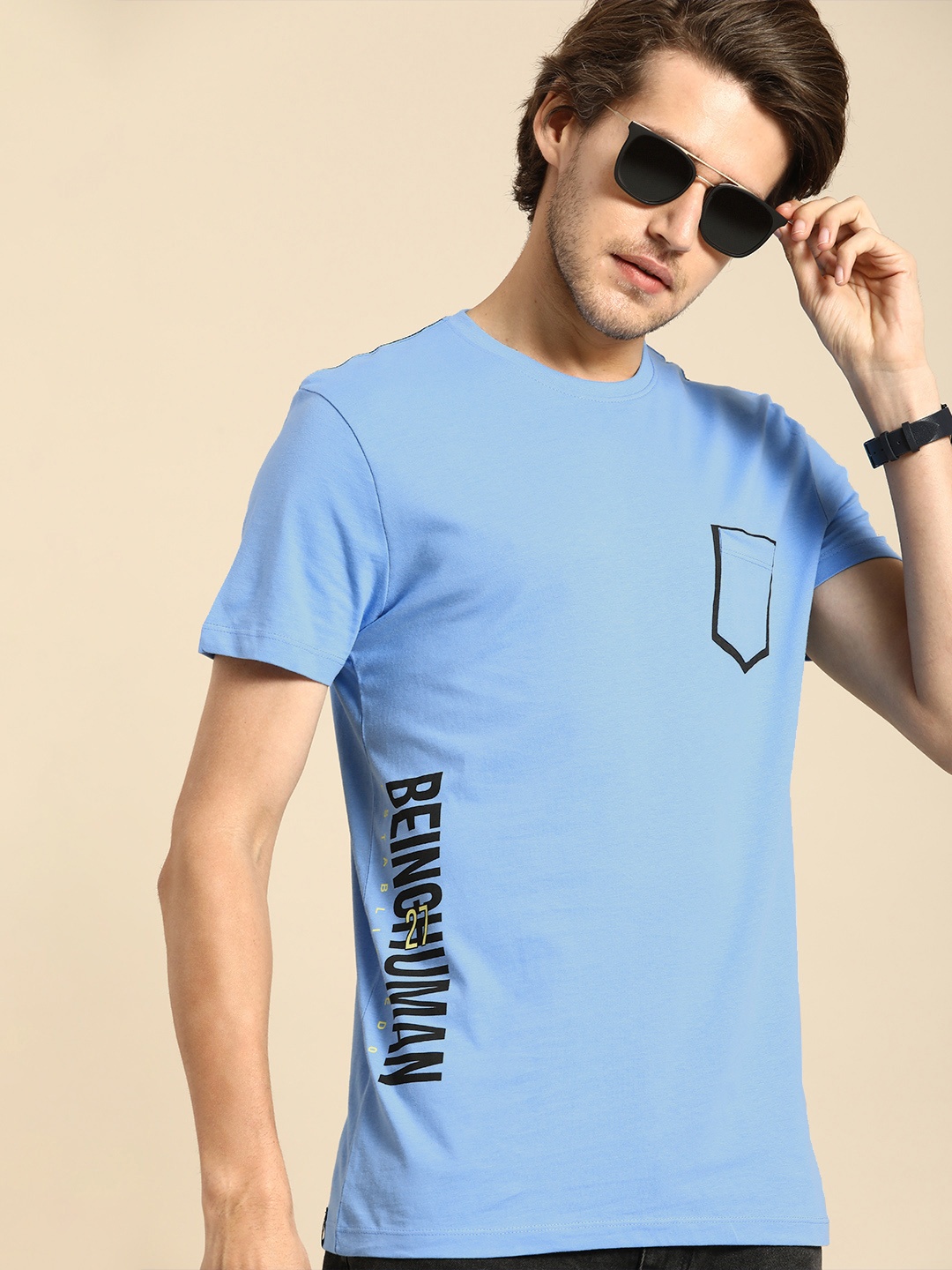 

Being Human Men Blue & Black Typography Printed Slim Fit Pure Cotton Casual T-shirt