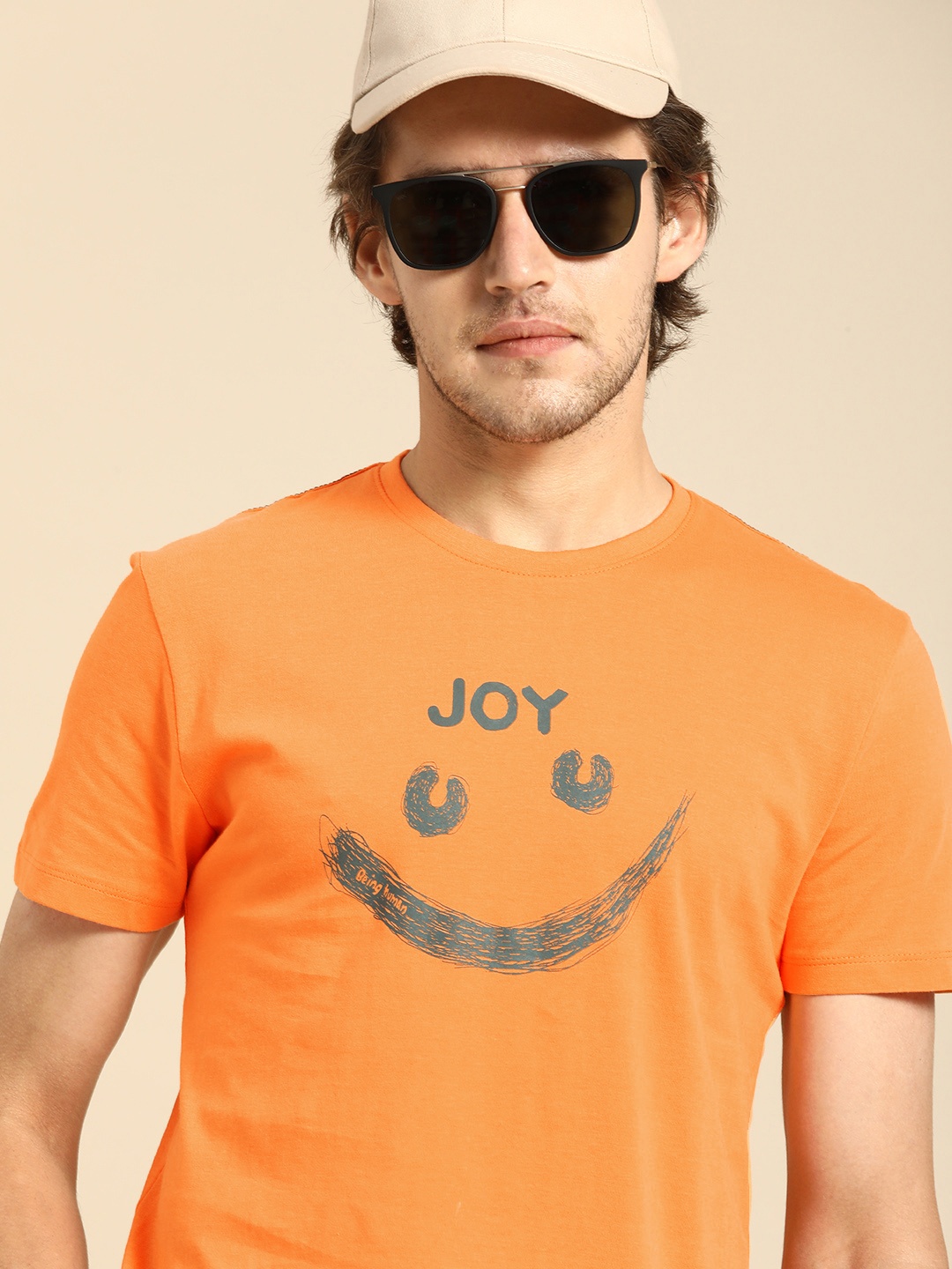 

Being Human Men Orange & Grey Printed Slim Fit Pure Cotton Casual T-shirt