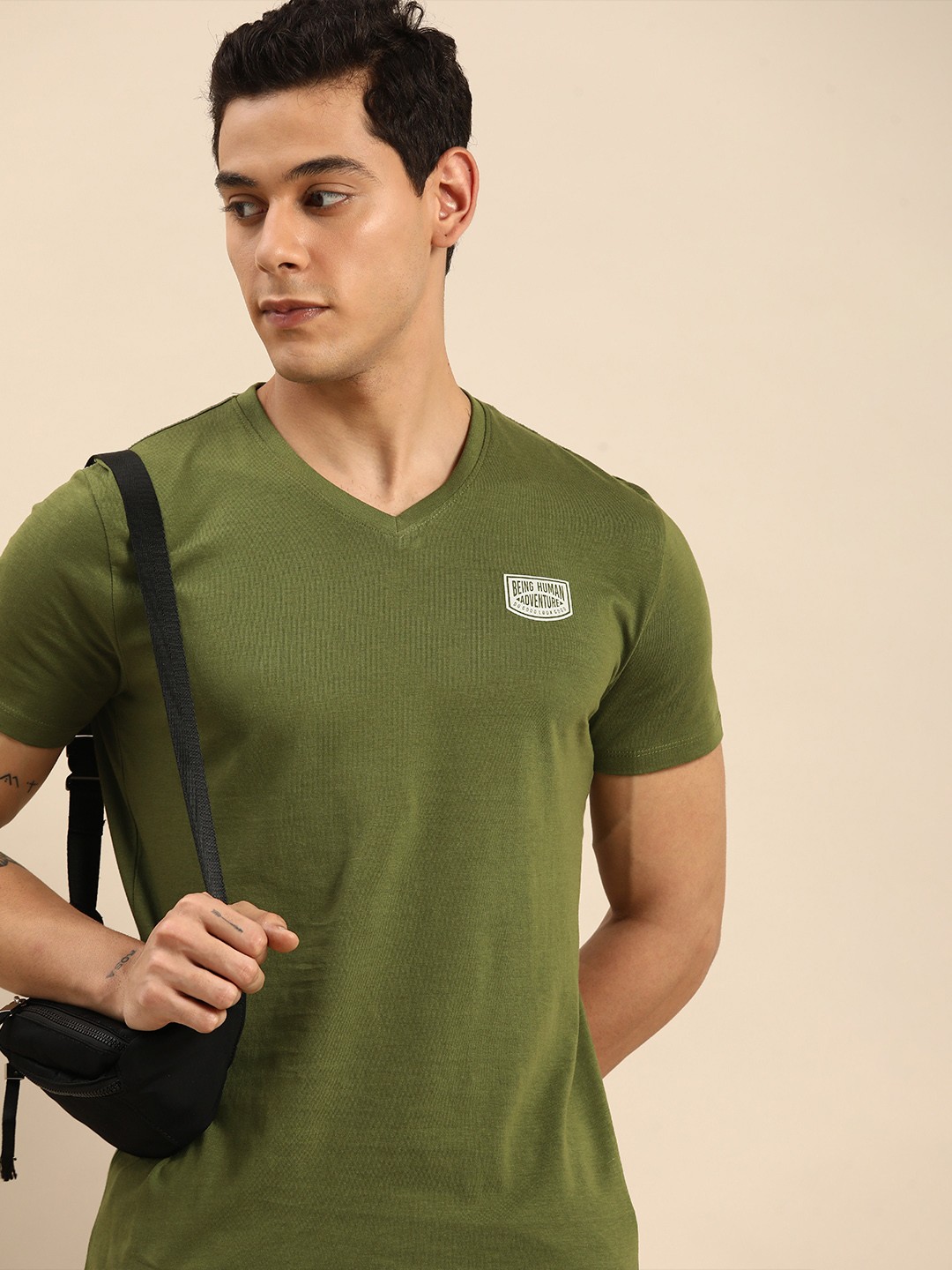 

Being Human Men Olive Green Solid Pure Cotton Casual T-shirt