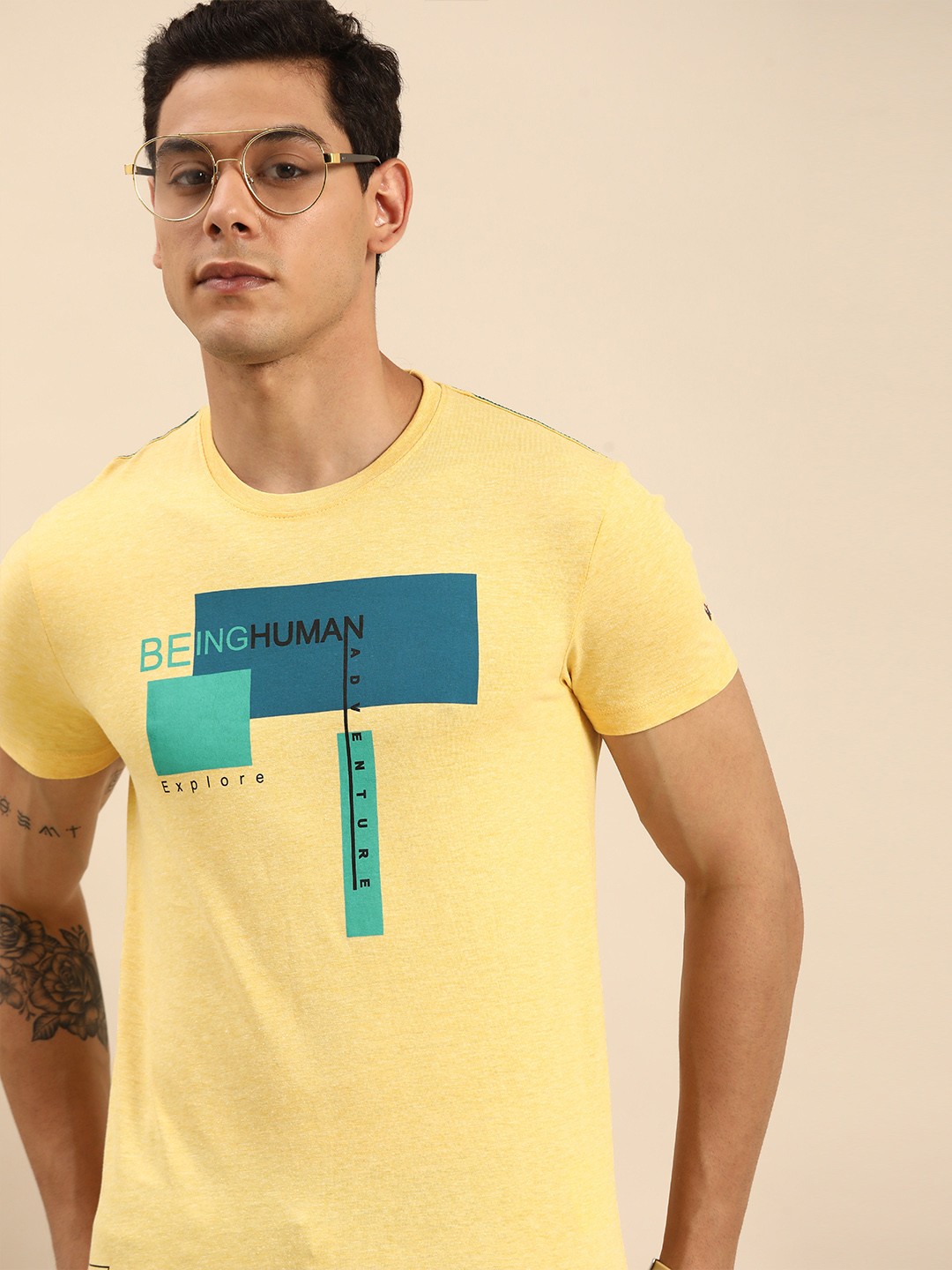 

Being Human Men Yellow Graphic Printed Pure Cotton Casual T-shirt