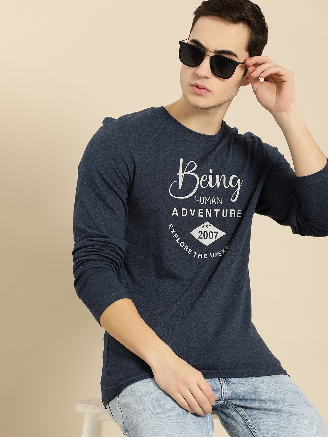

Being Human Men Navy Blue Typography Printed Pure Cotton T-shirt