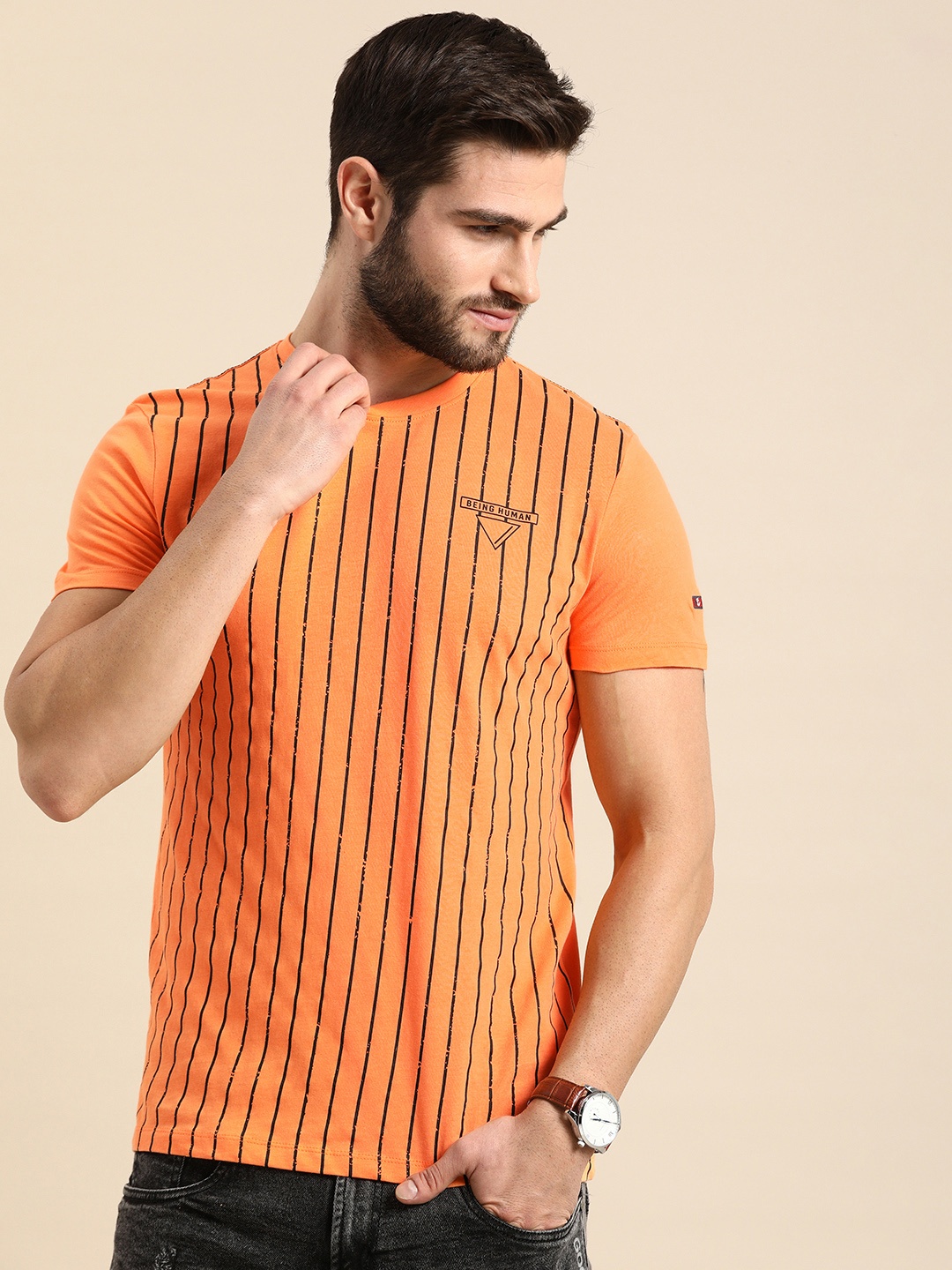 

Being Human Men Orange & Black Striped Pure Cotton T-shirt