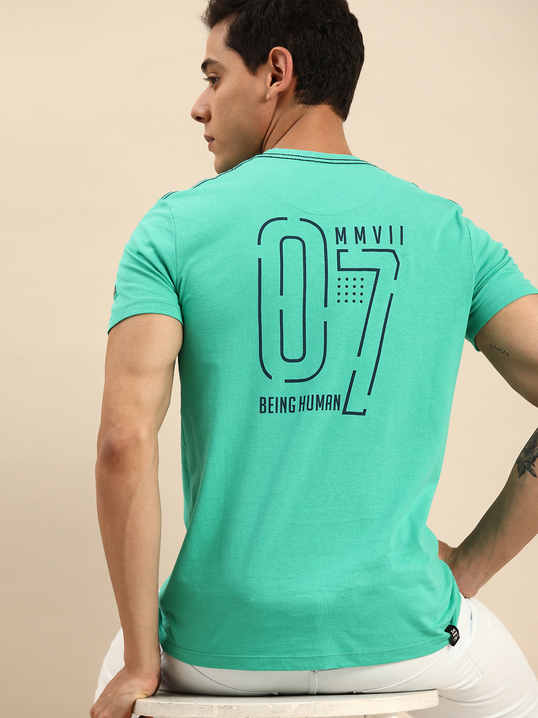 

Being Human Men Sea Green Varsity Printed Pure Cotton Casual T-shirt