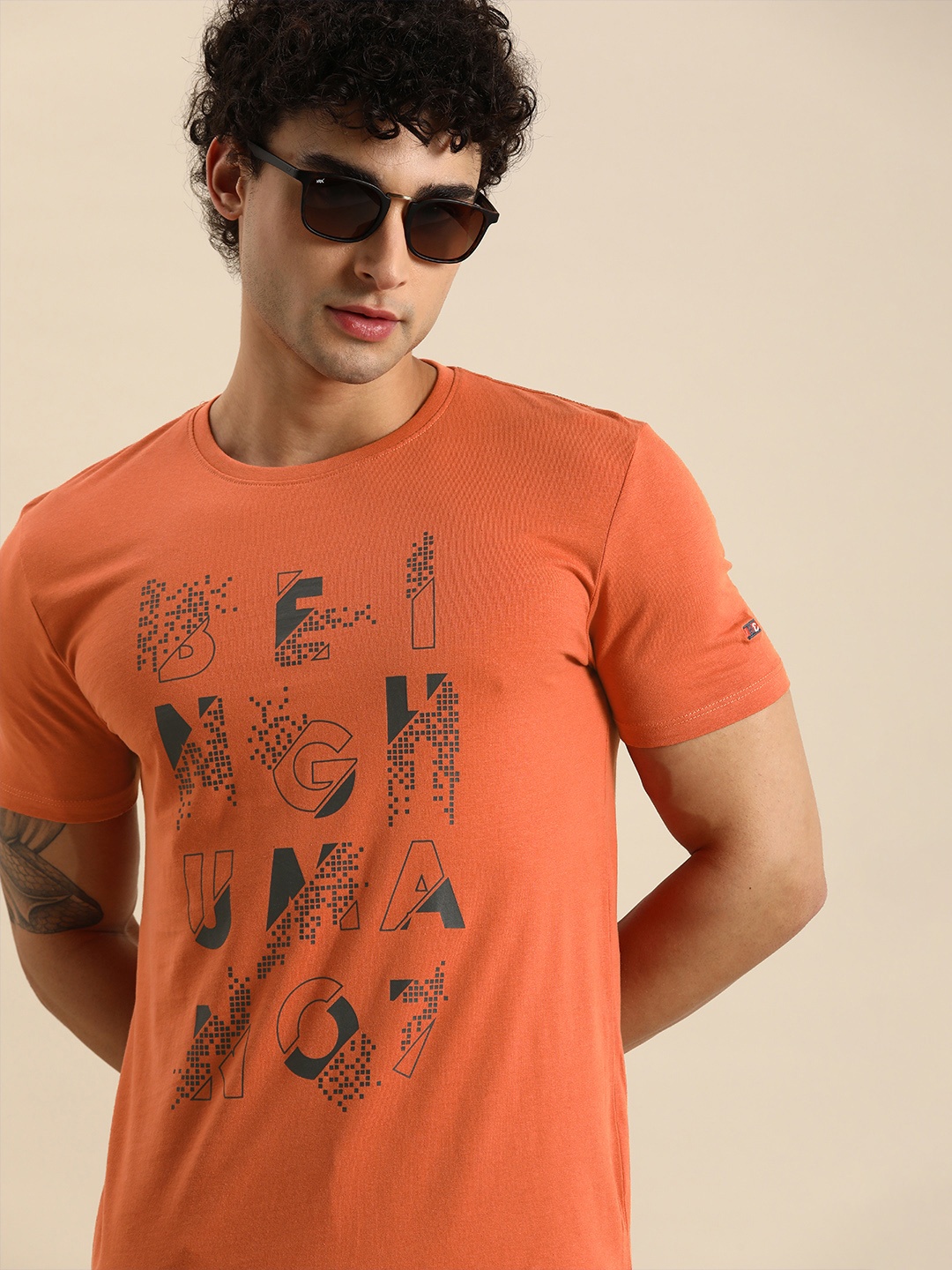 

Being Human Clothing Men Orange Brand Logo Printed Round Neck Pure Cotton T-shirt