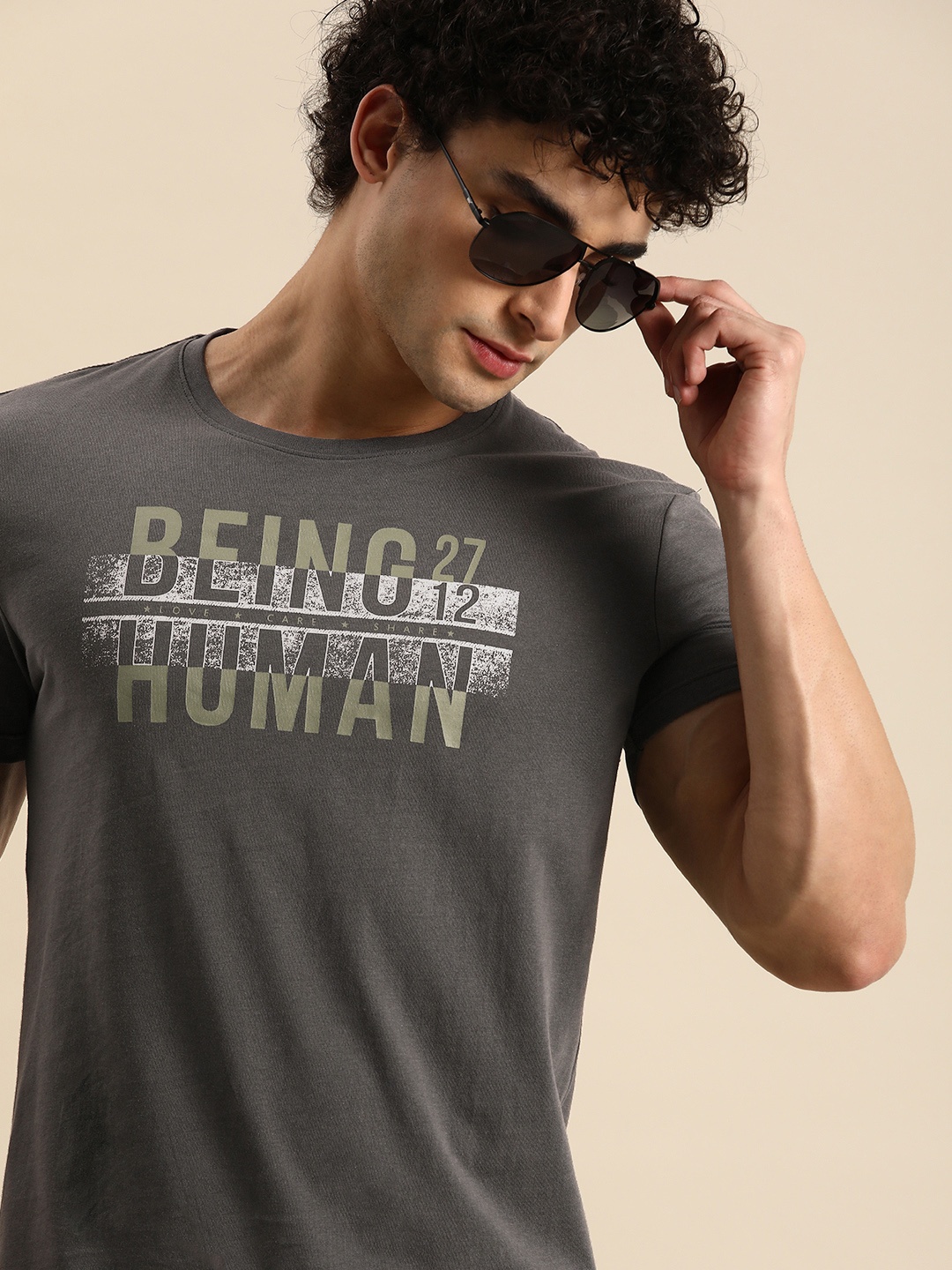 

Being Human Men Charcoal Typography Printed T-shirt