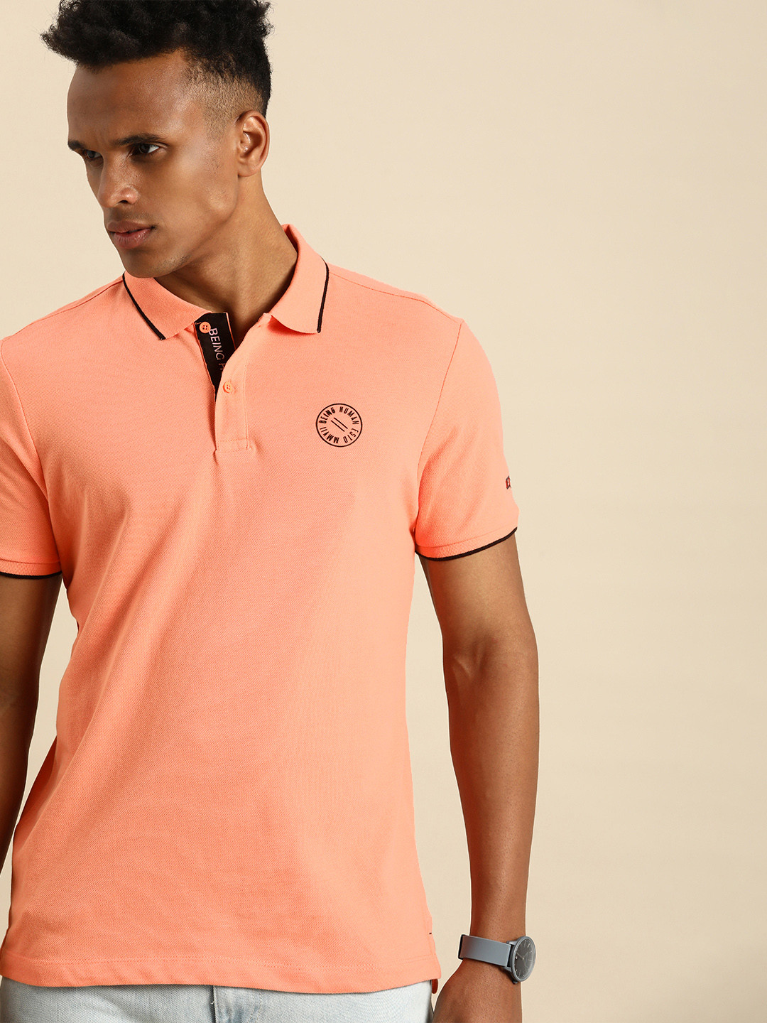 

Being Human Men Coral & Black Polo Collar Pure Cotton T-shirt