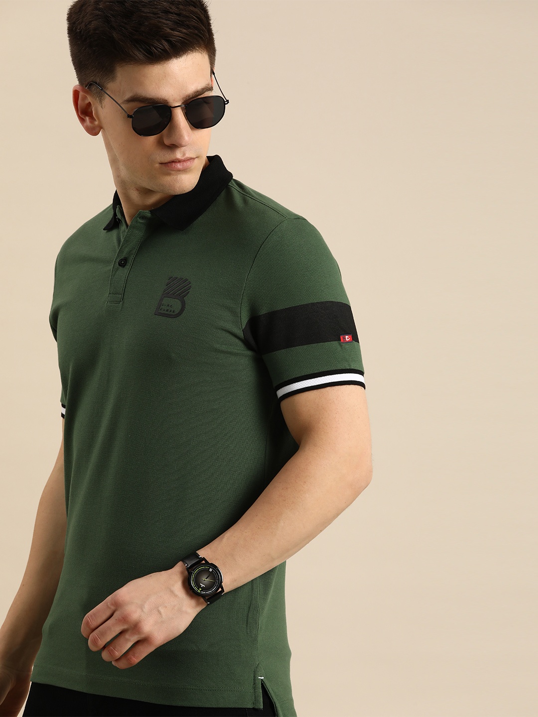 

Being Human Men Dark Green & Black Brand Logo Printed Polo Collar Pure Cotton T-shirt