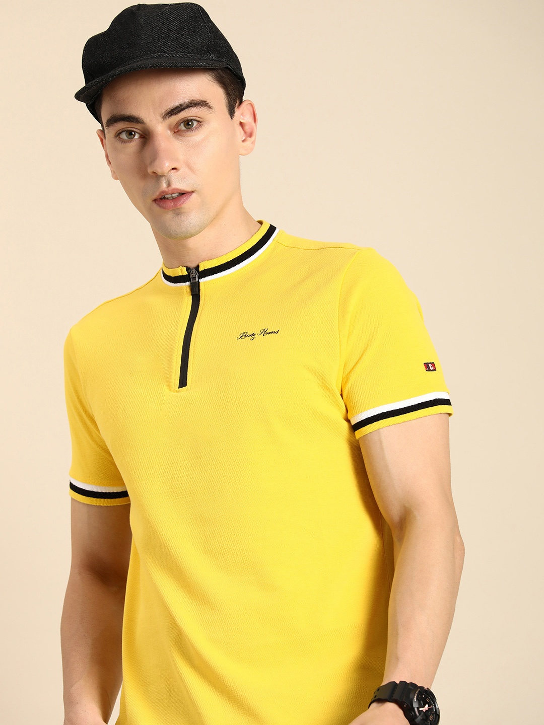 

Being Human Clothing Men Pure Cotton Henley Neck T-shirt, Yellow