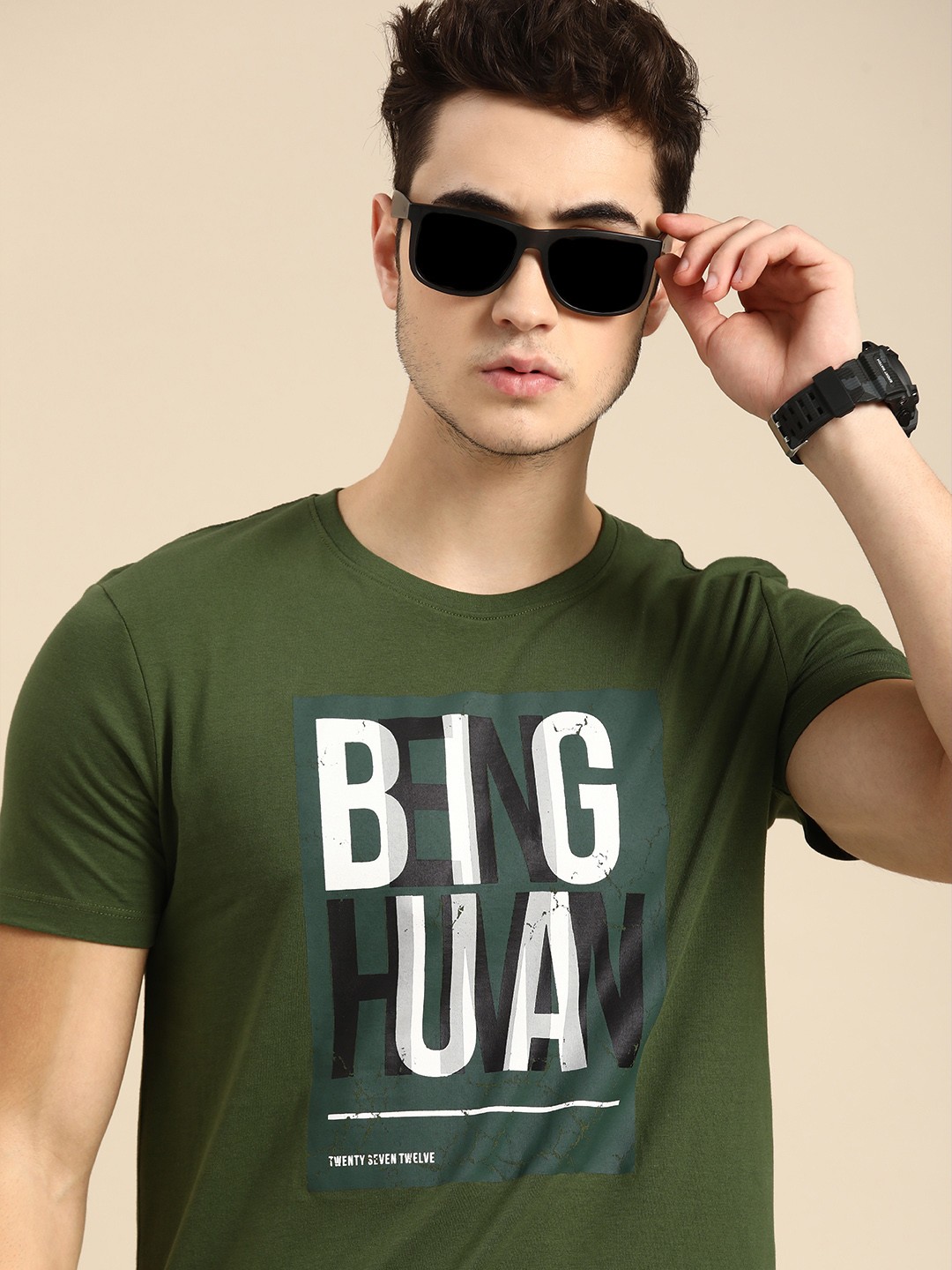 

Being Human Men Olive Green & White Typography Printed Pure Cotton T-shirt