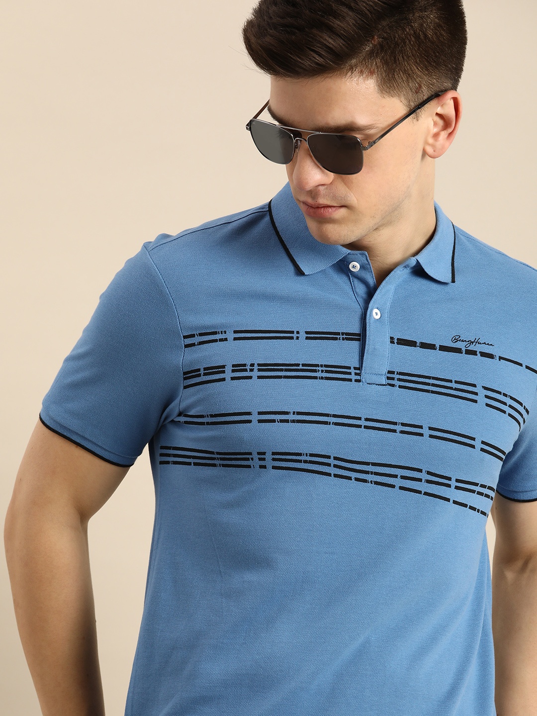 

Being Human Men Blue Printed Polo Collar T-shirt
