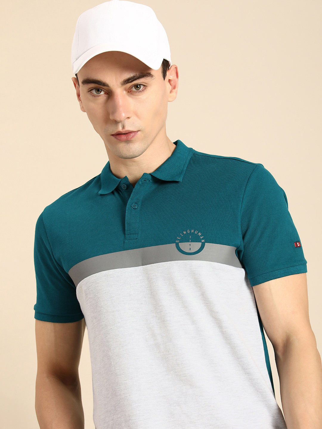 

Being Human Clothing Men Pure Cotton Colourblocked Polo Collar T-shirt, Teal