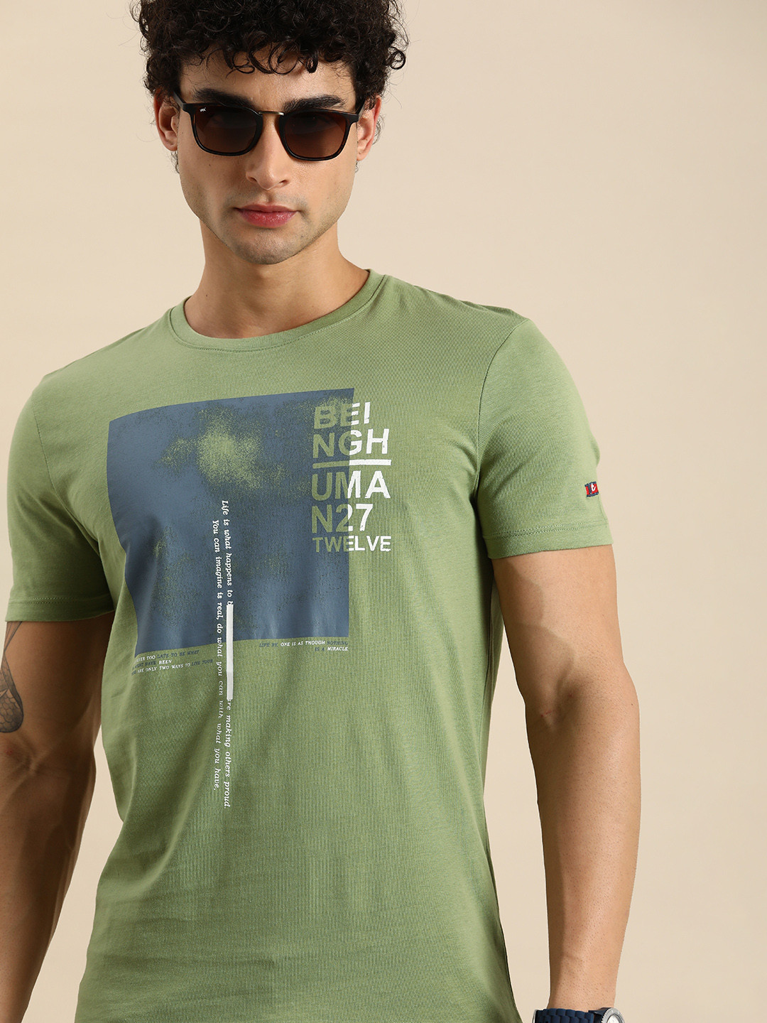 

Being Human Men Olive Green Typography Printed T-shirt