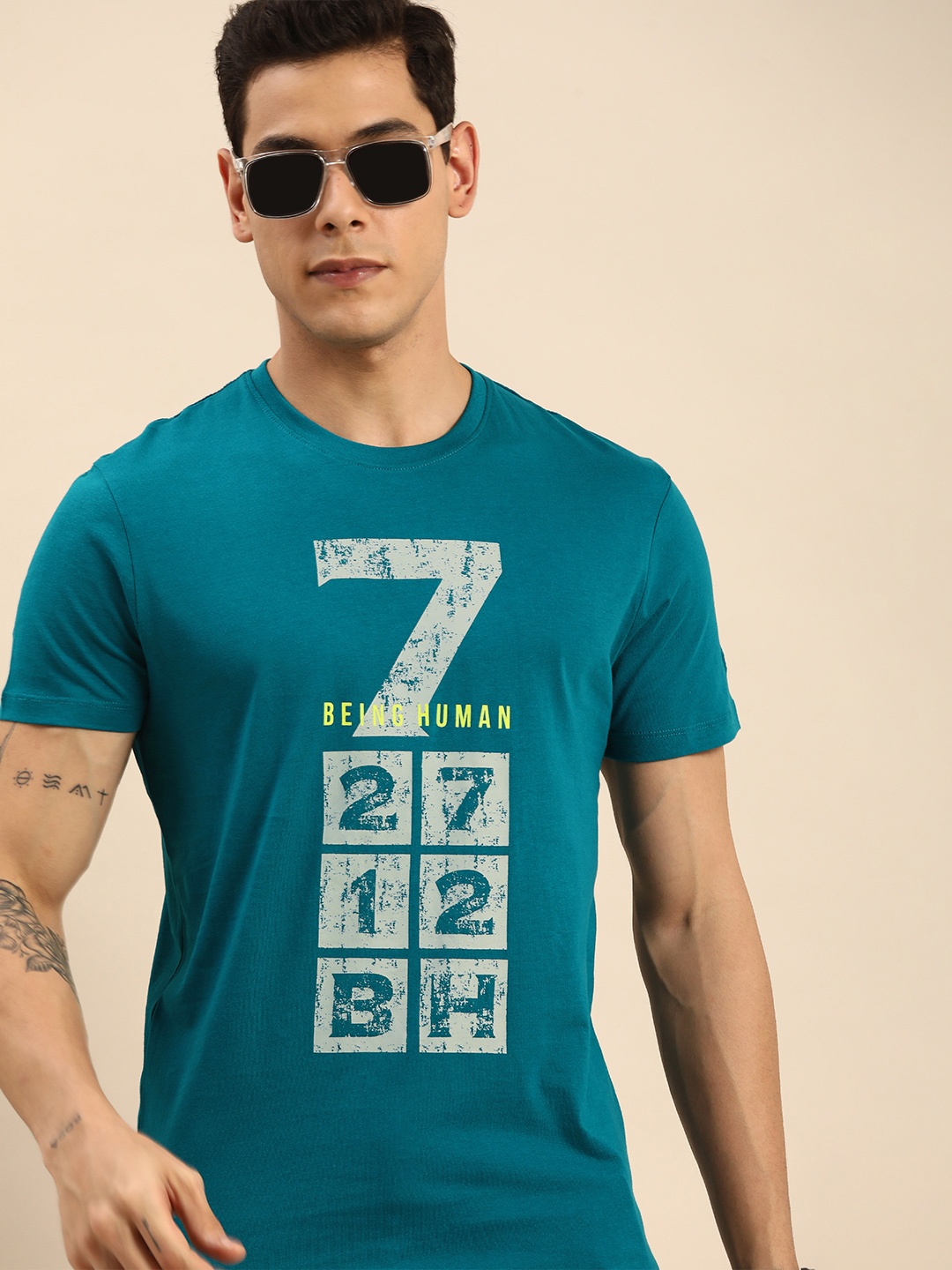

Being Human Men Teal Blue Typography Printed Pure Cotton T-shirt