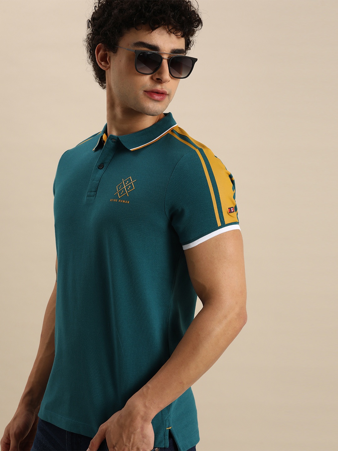 

Being Human Men Teal Green Solid Side Striped Polo Collar T-shirt