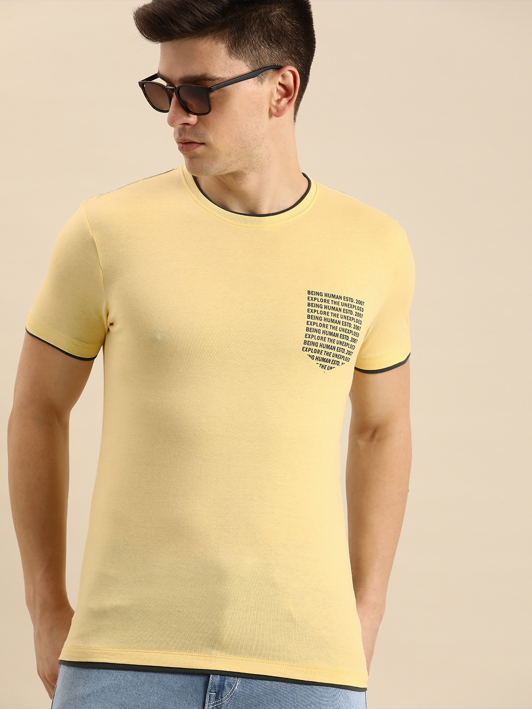 

Being Human Men Yellow Typography Printed T-shirt