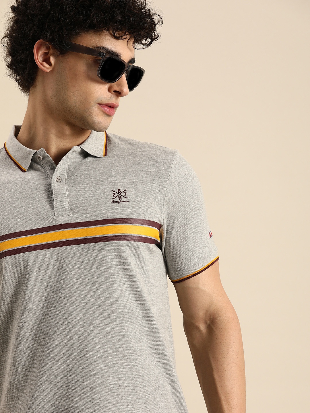 

Being Human Clothing Men Grey Melange Striped Polo Collar T-shirt