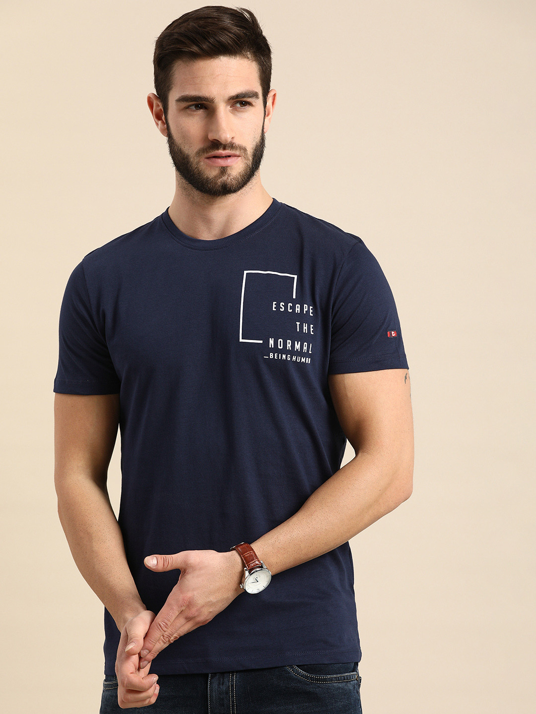 

Being Human Men Navy Blue & White Printed Pure Cotton T-shirt