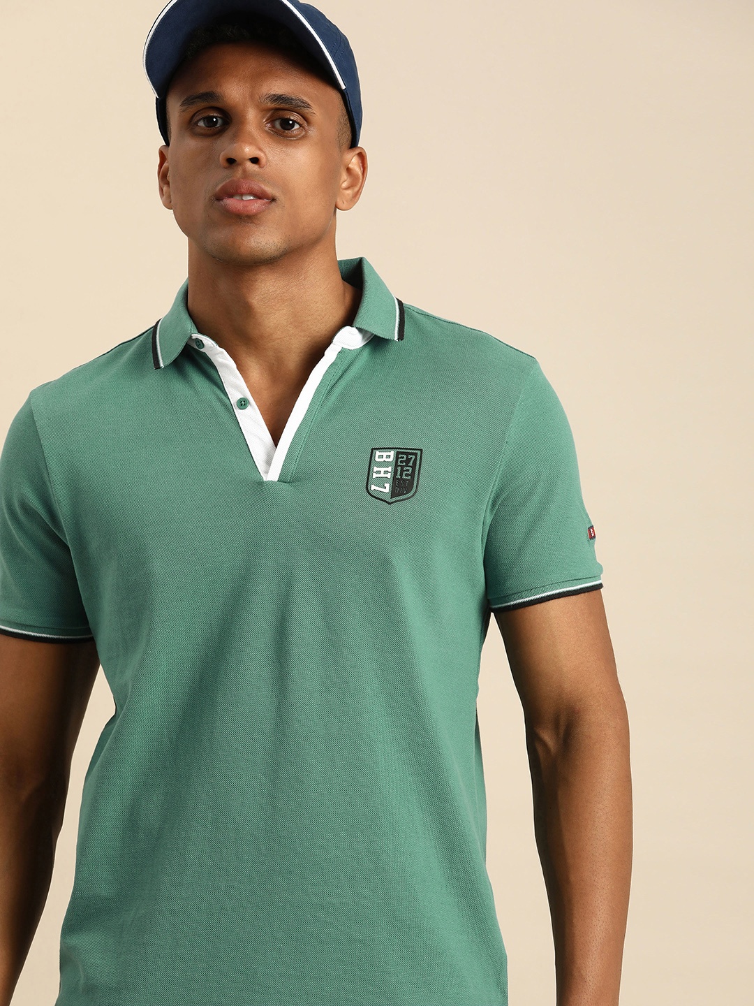 

Being Human Men Mint Green Brand Logo Printed Polo Collar Slim Fit Pure Cotton T-shirt, Sea green