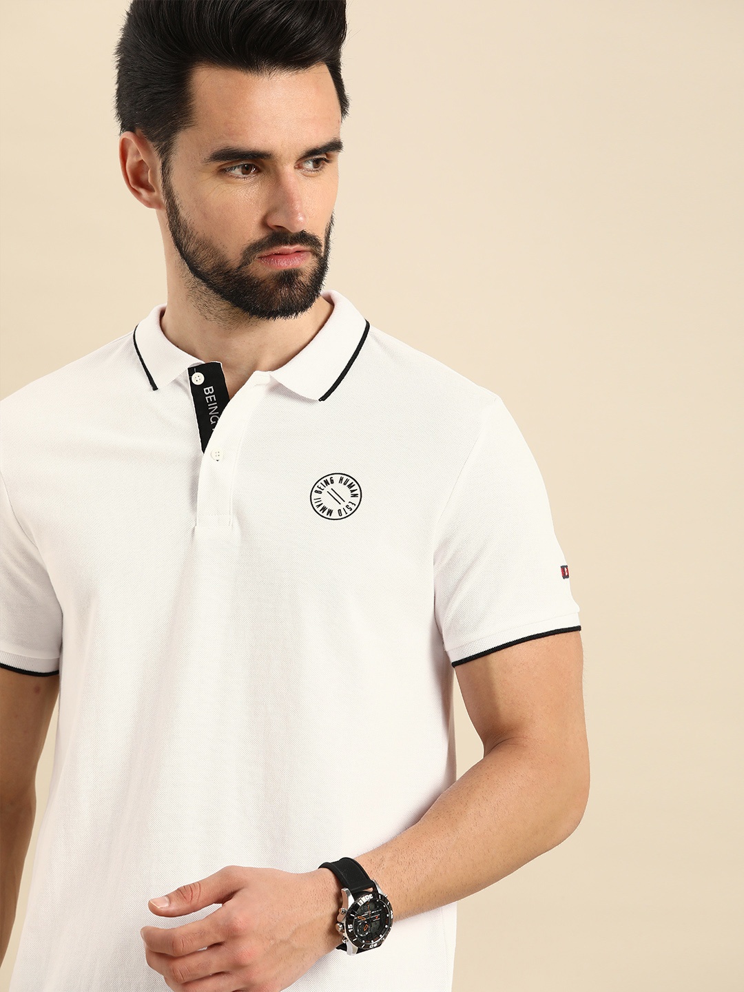 

Being Human Men White & Black Brand Logo Polo Collar Slim Fit Pure Cotton T-shirt