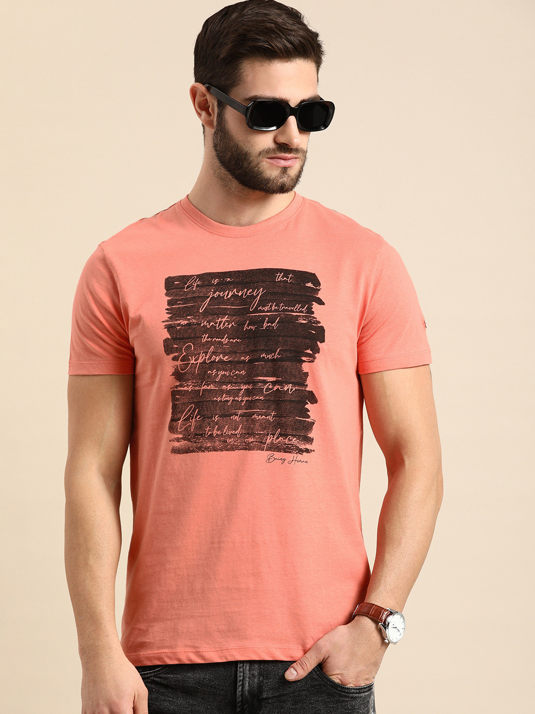 

Being Human Men Coral Pink & Black Printed Pure Cotton T-shirt