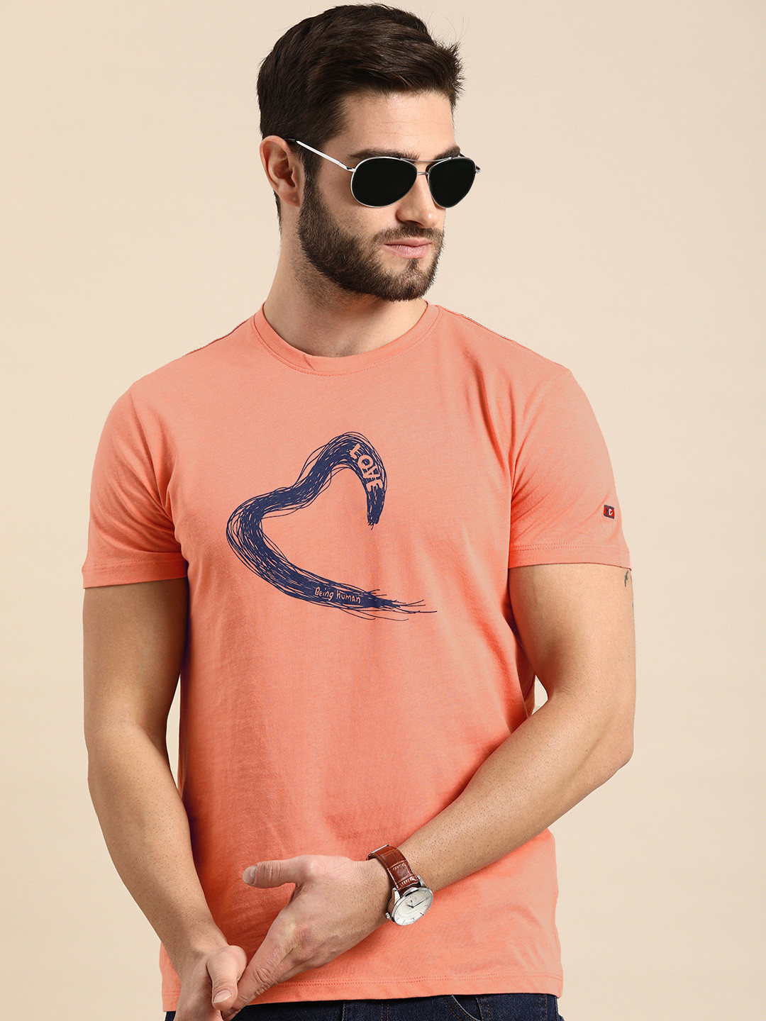 

Being Human Men Coral & Blue Brand Logo Printed Pure Cotton T-shirt