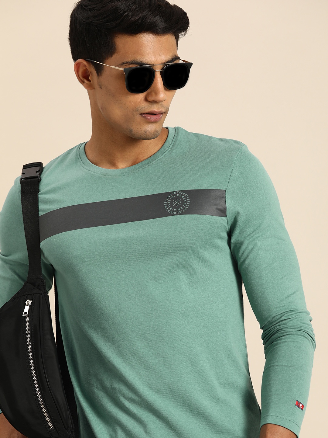 

Being Human Clothing Men Teal Green Striped Round Neck Pure Cotton T-shirt
