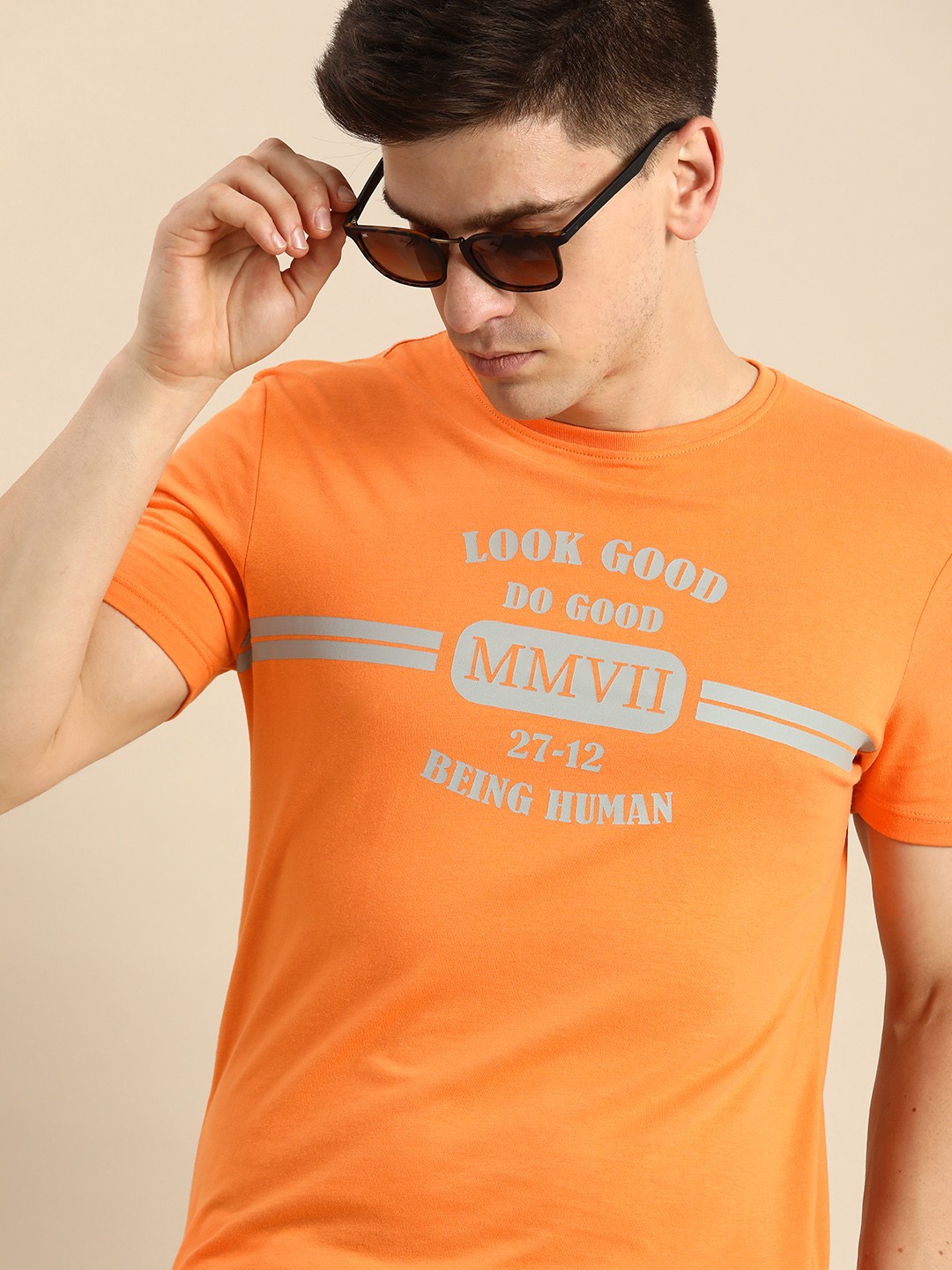 

Being Human Clothing Men Orange Brand Logo Printed Round Neck Pure Cotton T-shirt