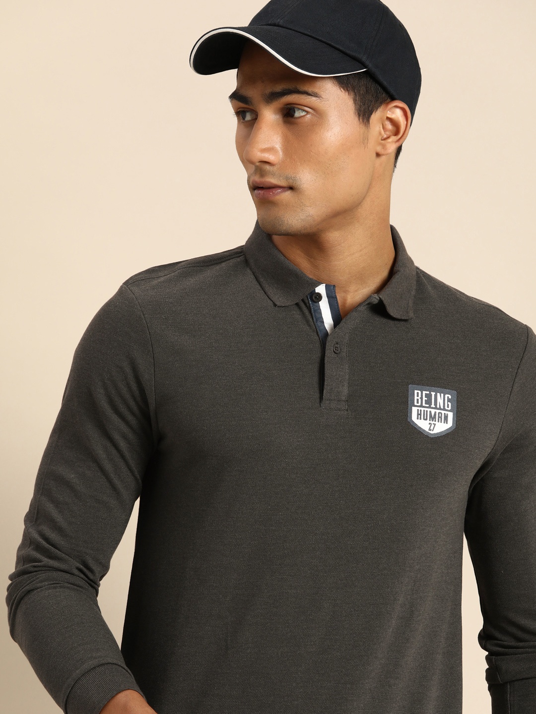 

Being Human Men Charcoal Grey Polo Collar T-shirt