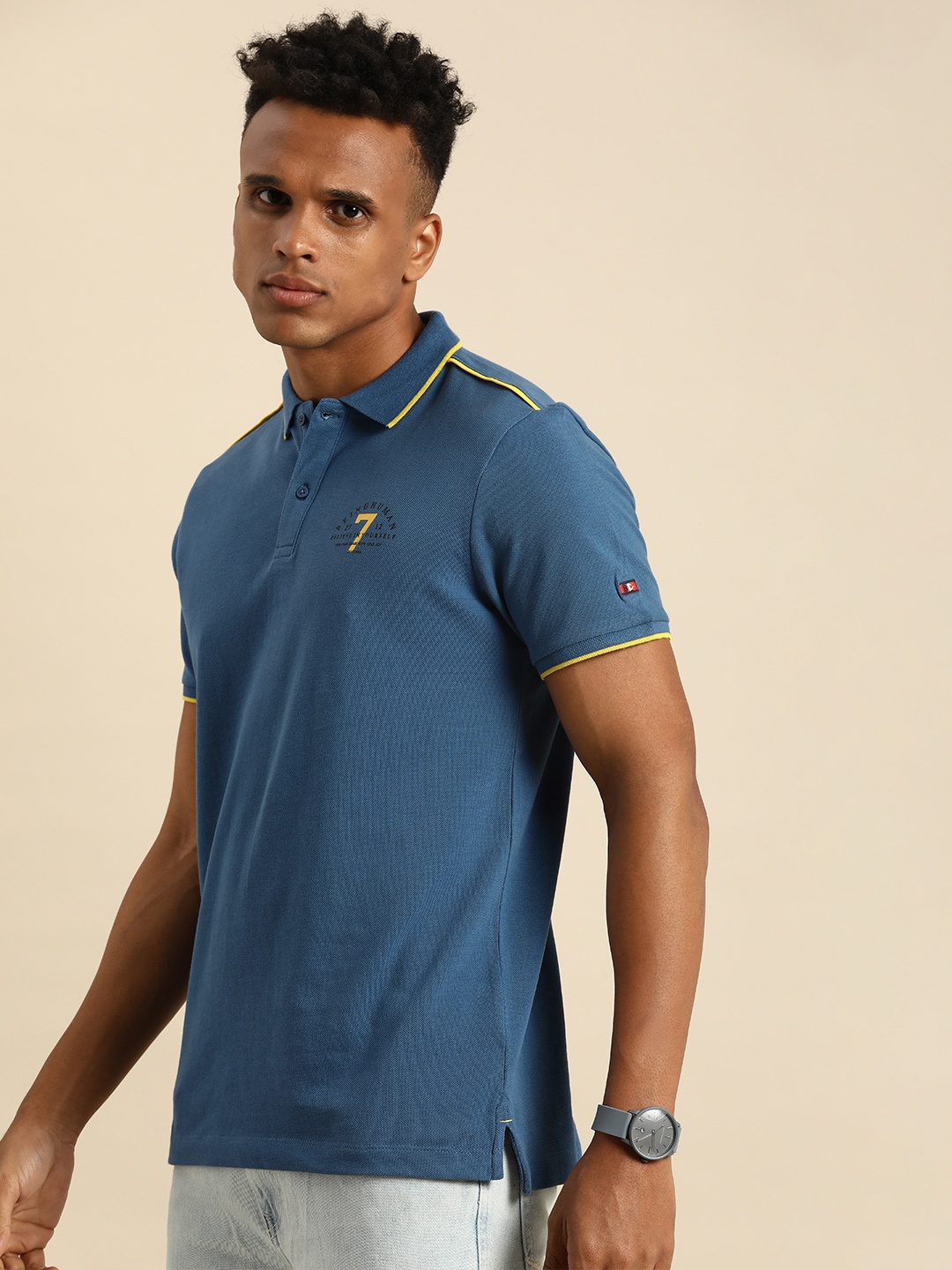 

Being Human Men Blue Self Design Polo Collar Pure Cotton T-shirt