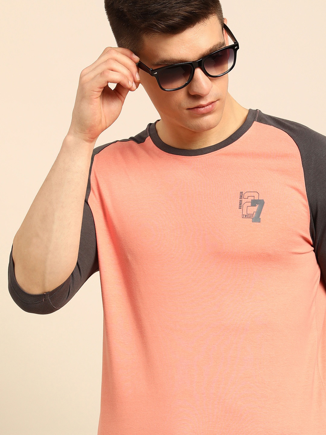 

Being Human Men Coral Pink & Grey Colourblocked Casual T-shirt