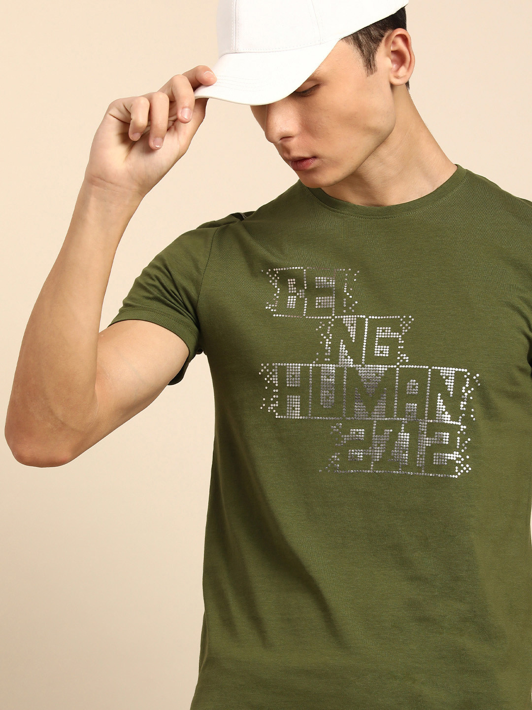 

Being Human Men Olive Green & White Typography Printed T-shirt