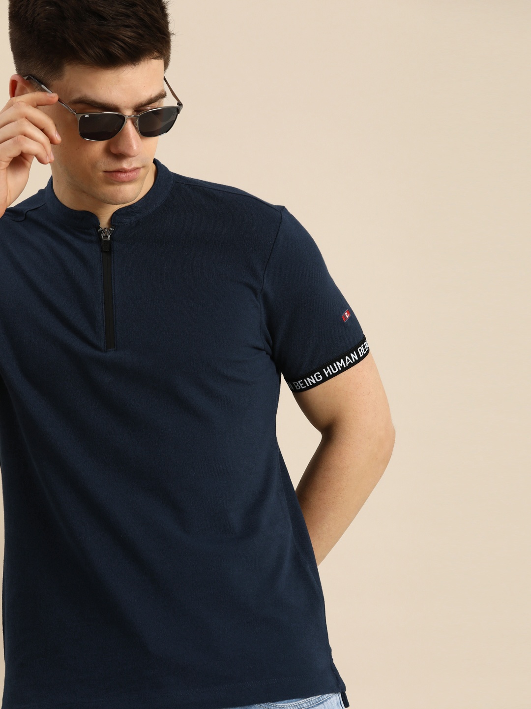 

Being Human Men Navy Blue Mandarin Collar Pure Cotton T-shirt