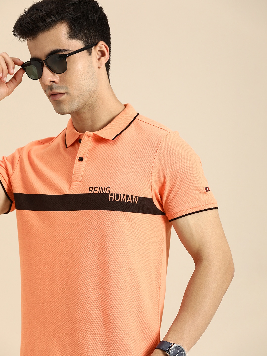 

Being Human Men Coral & Black Brand Logo Printed Polo Collar Pure Cotton T-shirt