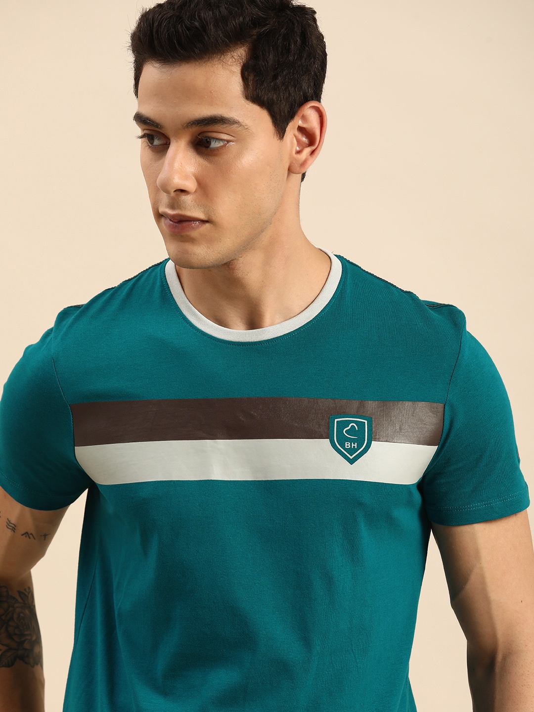 

Being Human Men Teal Blue Striped Pure Cotton Casual T-shirt