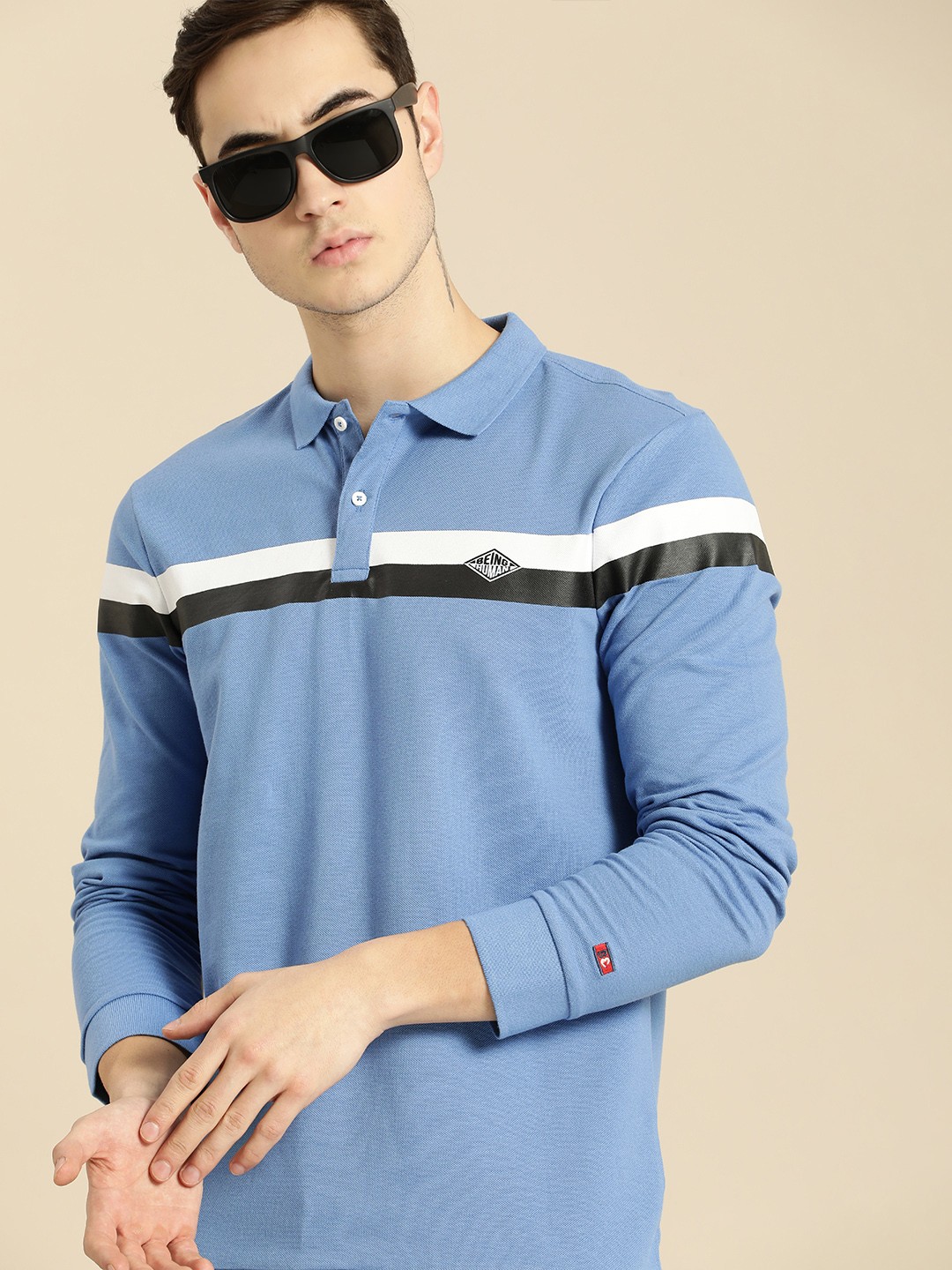 

Being Human Men Blue & White Striped Polo Collar T-shirt