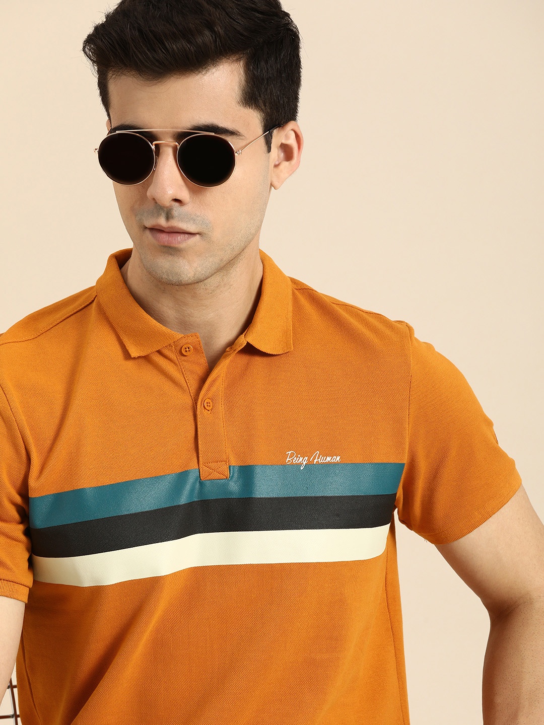 

Being Human Men Mustard Yellow & Blue Striped Polo Collar T-shirt